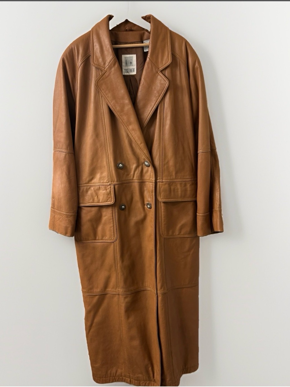 VTG Together Butterscotch Leather Maxi Trench Coat Slouchy Sz 12 Unisex Capsule